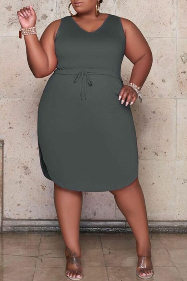 Casual Solid Bandage Draw String Spaghetti Strap Straight Plus Size Dresses