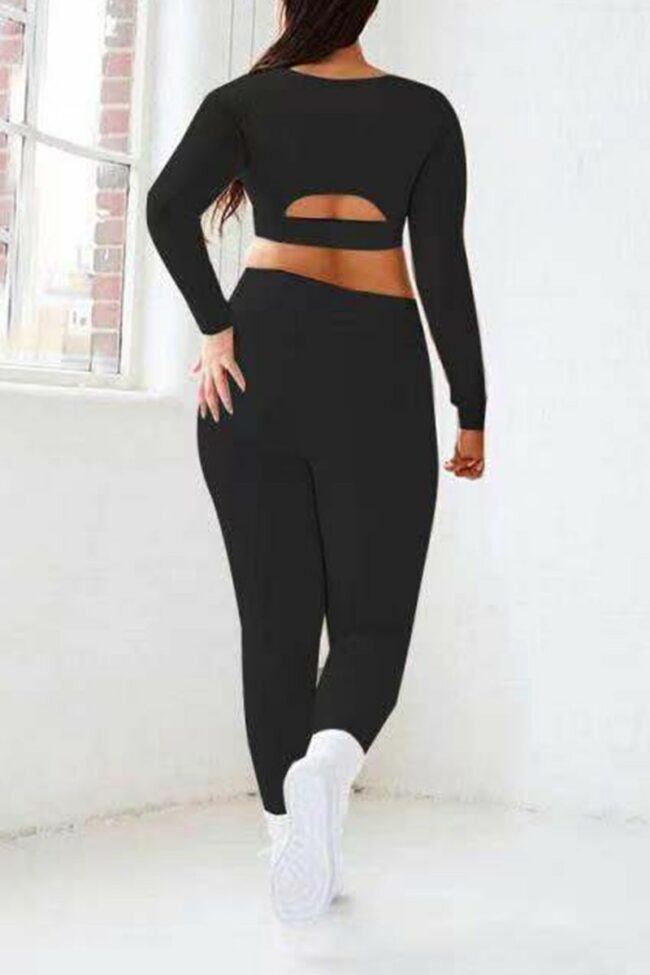 Sportswear Solid Hollowed Out O Neck Long Sleeve Two Pieces