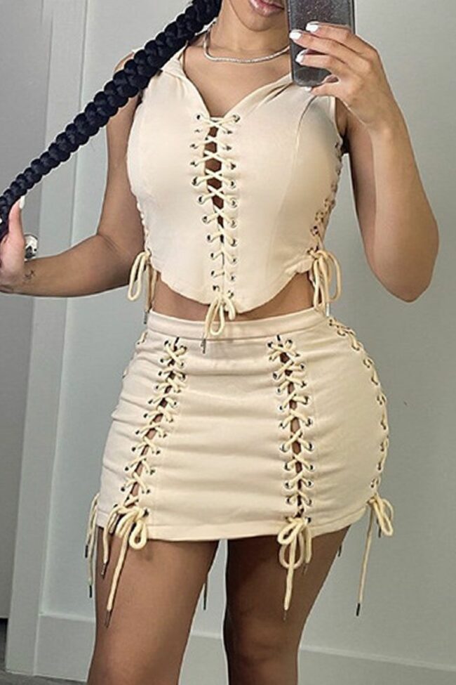 Sexy Solid Bandage Hollowed Out Split Joint Asymmetrical Hooded Collar Sleeveless Two Pieces