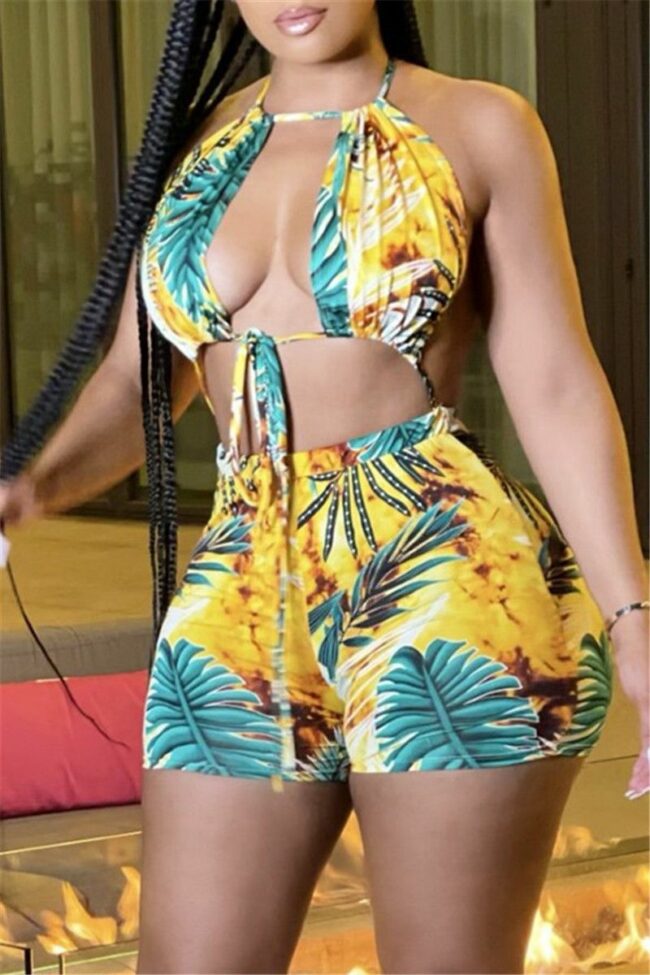 Sexy Print Hollowed Out Backless Strap Design Halter Regular Jumpsuits