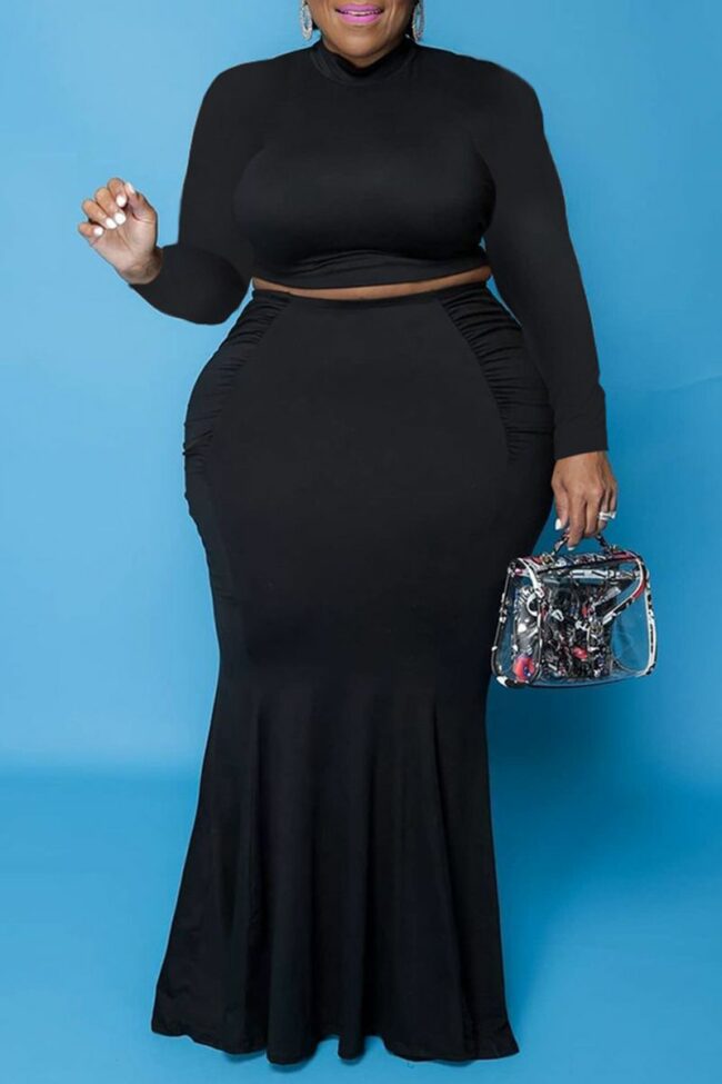 Casual Solid Split Joint Half A Turtleneck Plus Size Two Pieces