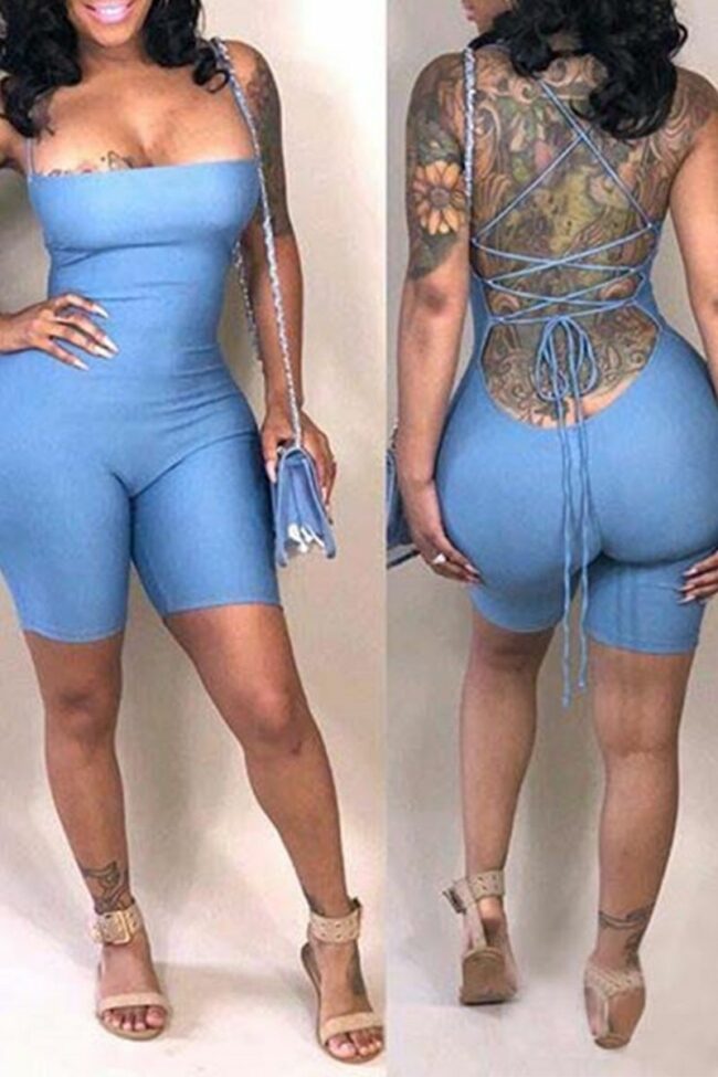 Sexy Solid Hollowed Out Strapless Skinny Jumpsuits
