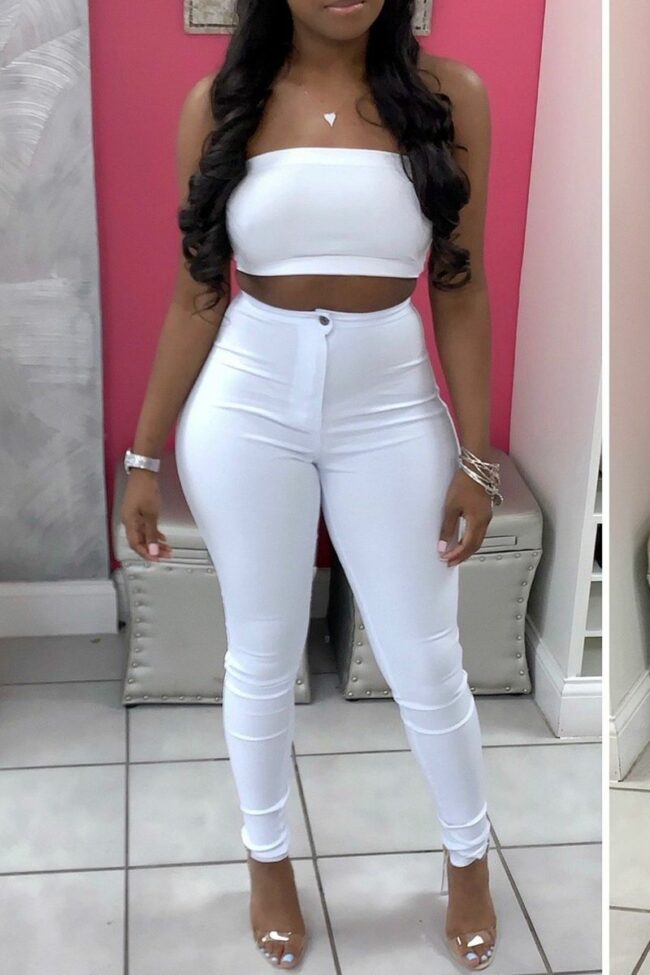 White Sexy Solid Split Joint Skinny Mid Waist Pencil Solid Color Bottoms