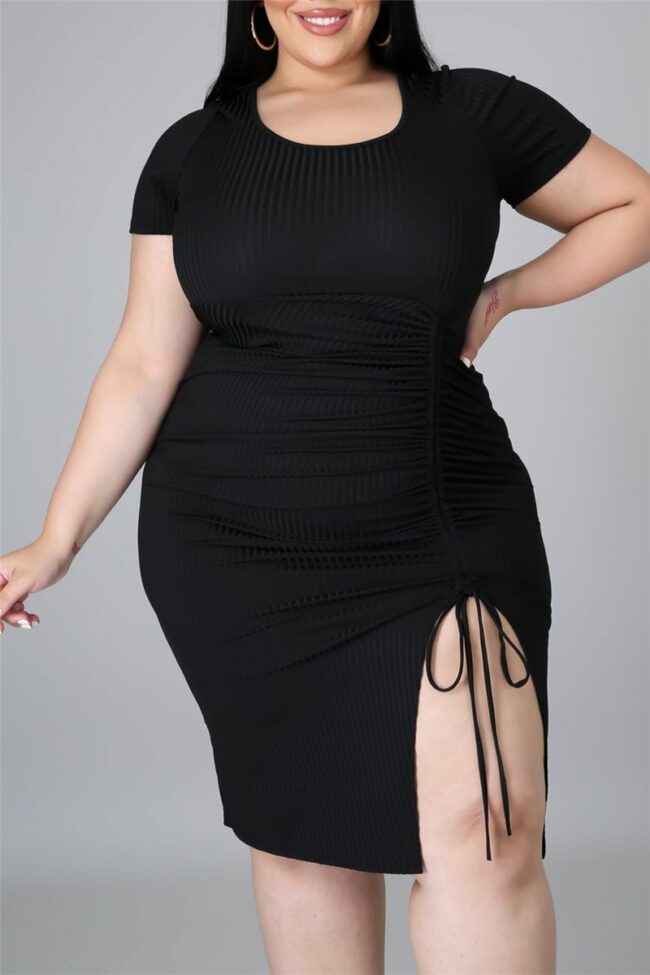 Sexy Casual Plus Size Solid Slit O Neck Short Sleeve Dress