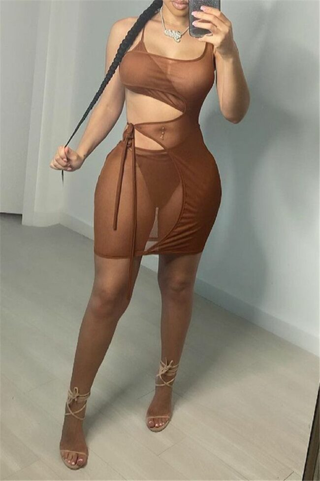 Sexy Solid Hollowed Out See-through Strap Design Spaghetti Strap Sleeveless Dress
