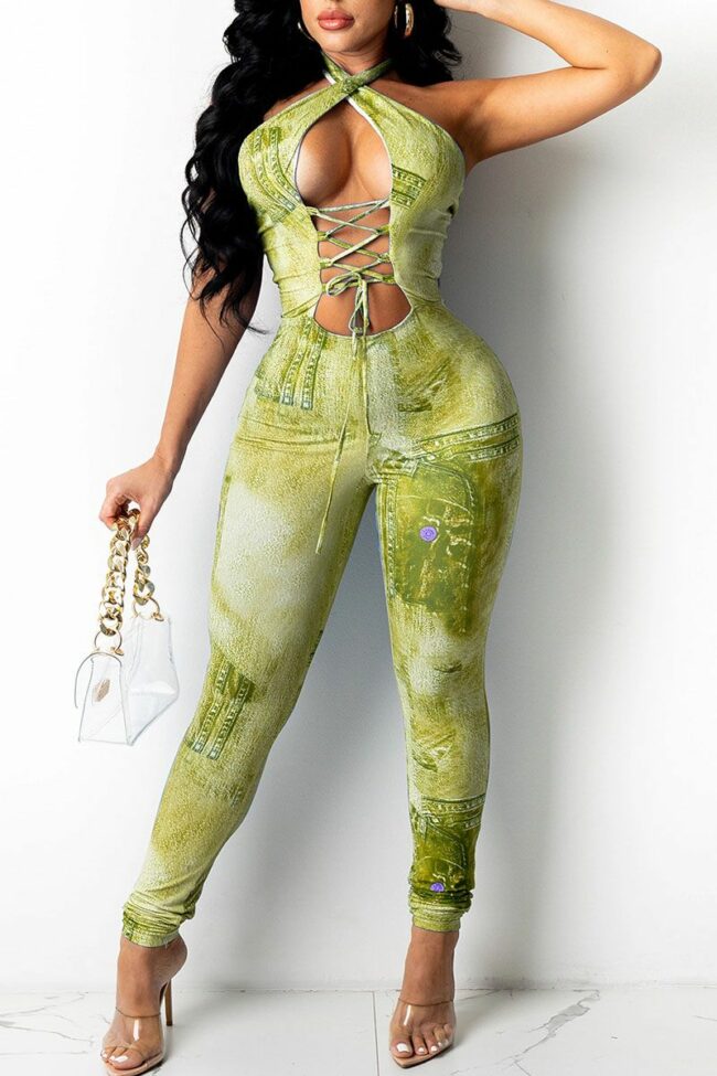 Sexy Print Hollowed Out Split Joint Frenulum Halter Skinny Jumpsuits
