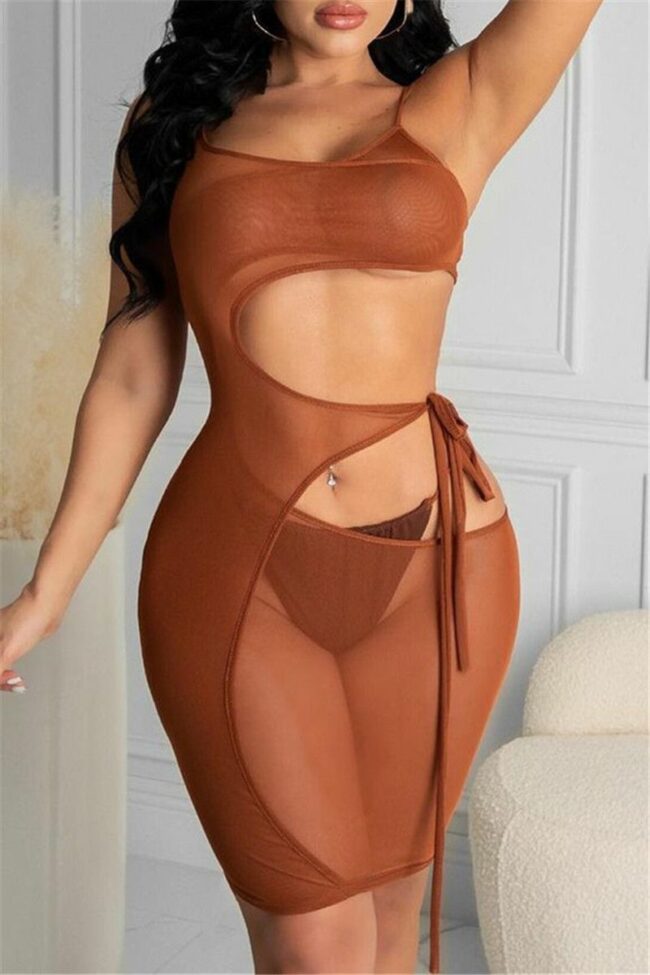 Sexy Solid Hollowed Out See-through Strap Design Spaghetti Strap Sleeveless Dress