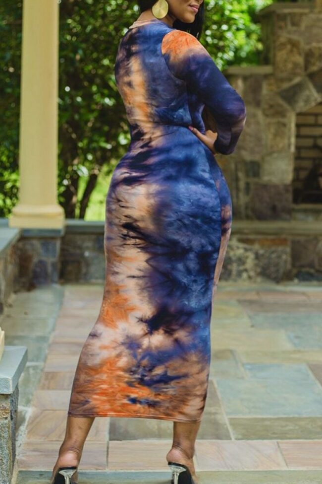 Elegant Print Tie Dye Split Joint O Neck Long Sleeve Dresses