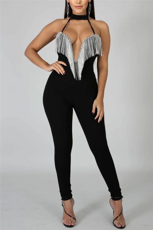 Sexy Sleeveless Off The Shoulder Skinny Patchwork Jumpsuits