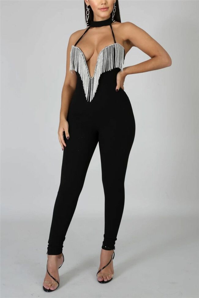 Sexy Sleeveless Off The Shoulder Skinny Patchwork Jumpsuits