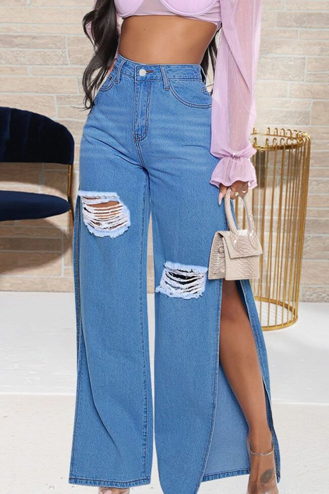 Street Solid Ripped Split Joint Cardigan High Waist Loose Denim Jeans