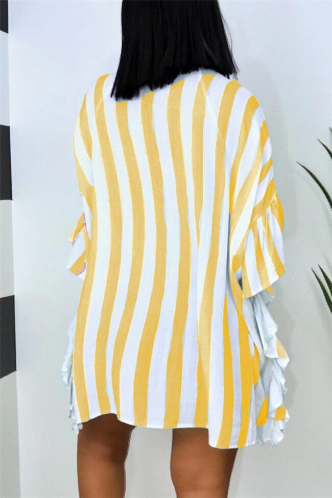 Fashion Casual Striped Print Split Joint Turndown Collar Shirt Dress Dresses