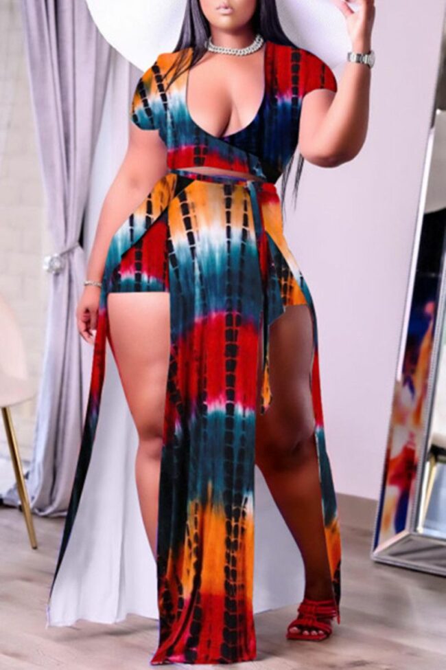 Sexy Casual Print Slit V Neck Plus Size Two Pieces