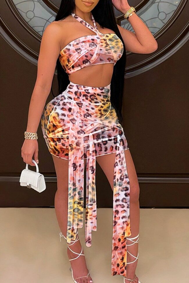 Sexy Print Bandage Split Joint Halter Sleeveless Two Pieces