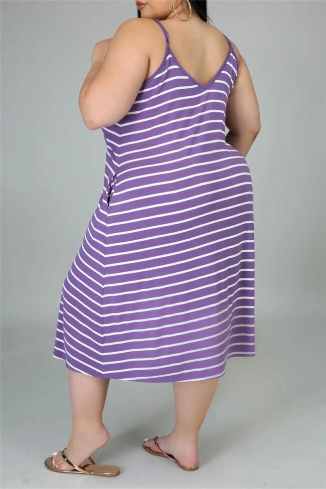 Sexy Casual Plus Size Striped Print Backless Spaghetti Strap Sleeveless Dress