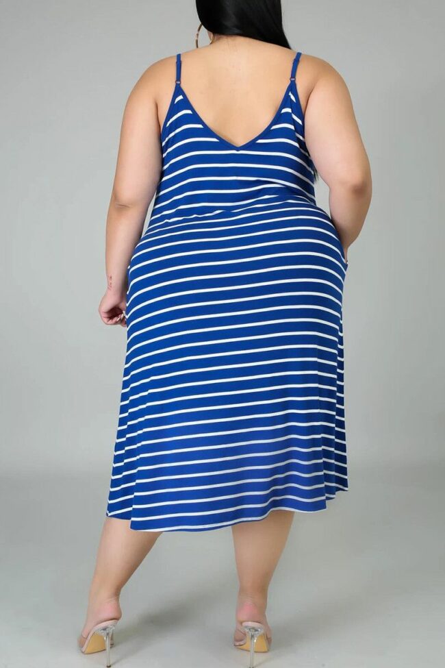 Sexy Casual Plus Size Striped Print Backless Spaghetti Strap Sleeveless Dress
