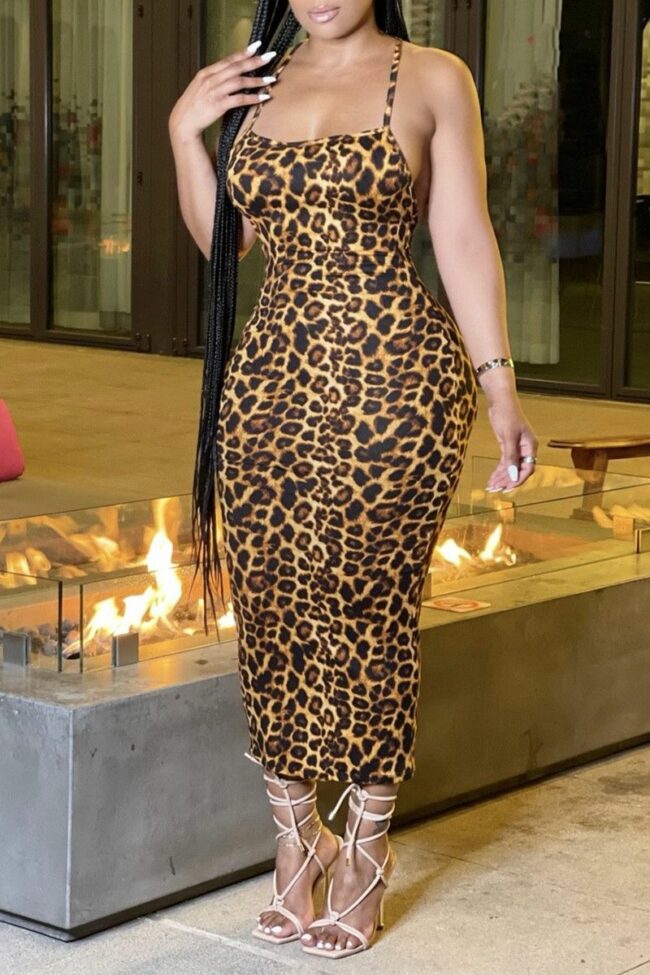 Fashion Sexy Print Leopard Backless Spaghetti Strap Sleeveless Dress