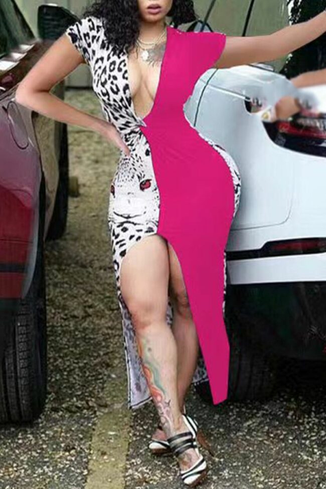 Sexy Leopard Split Joint V Neck Irregular Dress Dresses