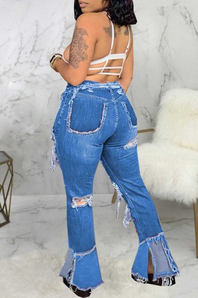 Casual Patchwork Ripped Mid Waist Boot Cut Denim Jeans