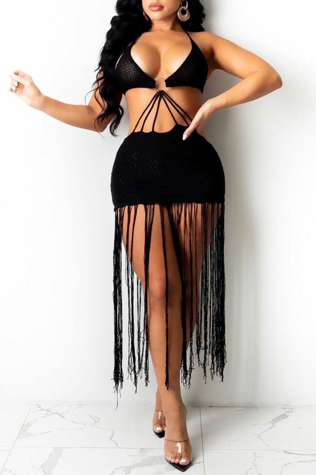 White Sexy Solid Tassel Hollowed Out Split Joint Backless Swimwears Cover Up