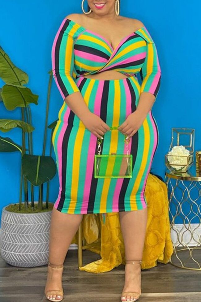 Fashion Casual Plus Size Striped Print Hollowed Out V Neck Long Sleeve  Dresses