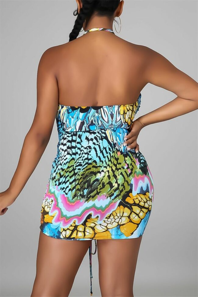 Fashion Sexy Print Hollowed Out Backless Halter Sleeveless Dress Dresses