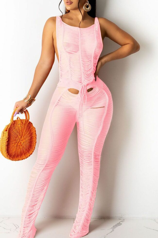 Sexy Solid Hollowed Out Split Joint See-through O Neck Straight Jumpsuits