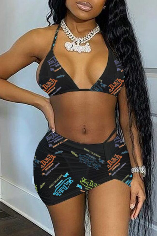 Sexy Letter Print Backless Halter Sleeveless Two Pieces Swimwear