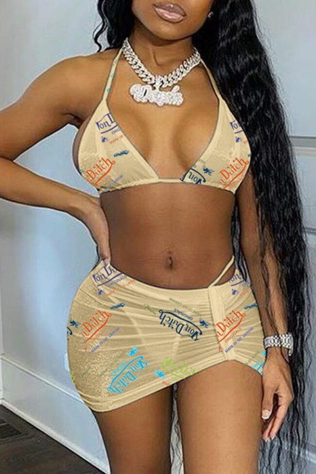 Sexy Letter Print Backless Halter Sleeveless Two Pieces Swimwear