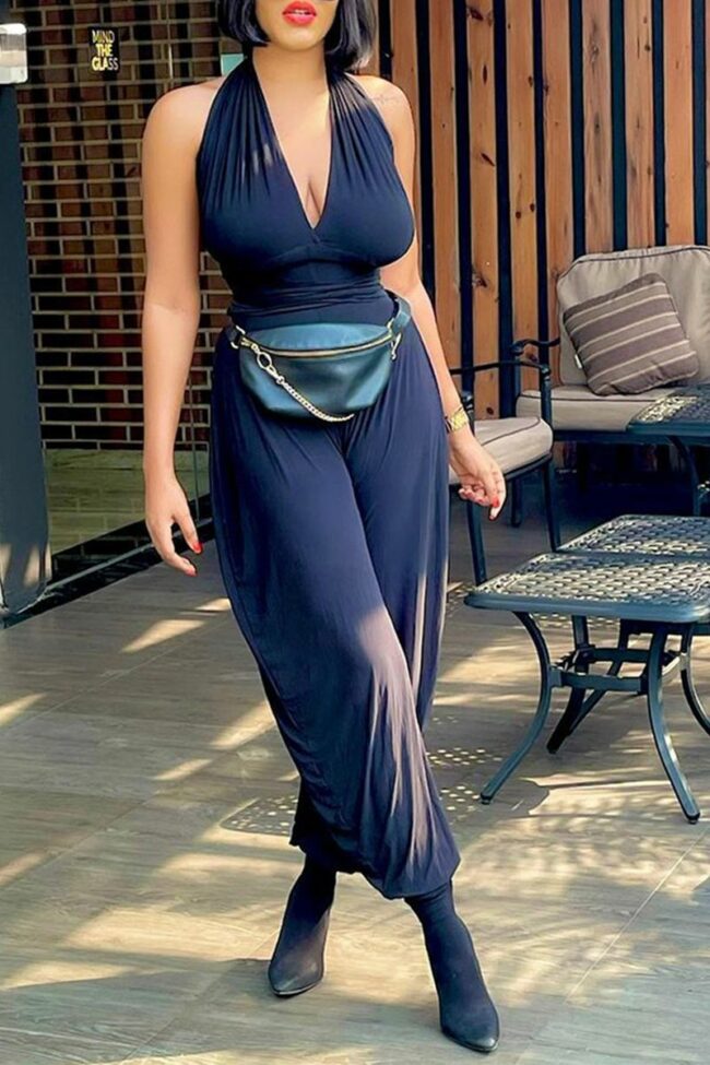 Sexy Solid Split Joint V Neck Harlan Jumpsuits