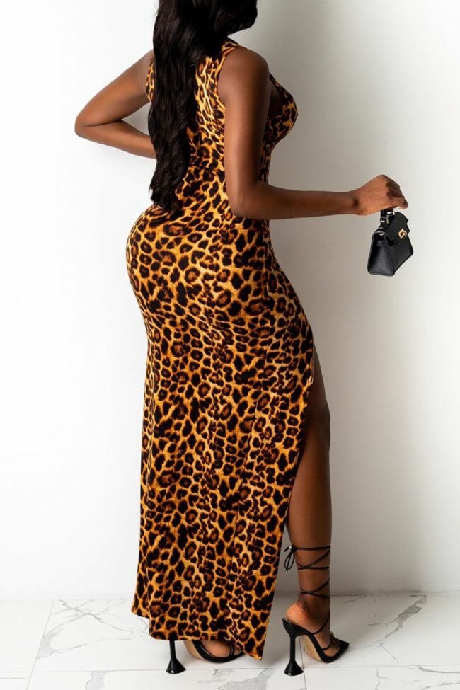 Sexy Leopard High Opening Zipper Collar Pencil Skirt Dresses
