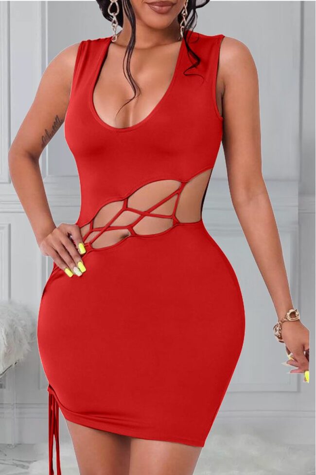 Sexy Solid Hollowed Out U Neck Pencil Skirt Dresses