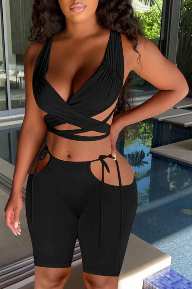 Sexy Solid Hollowed Out V Neck Sleeveless Two Pieces