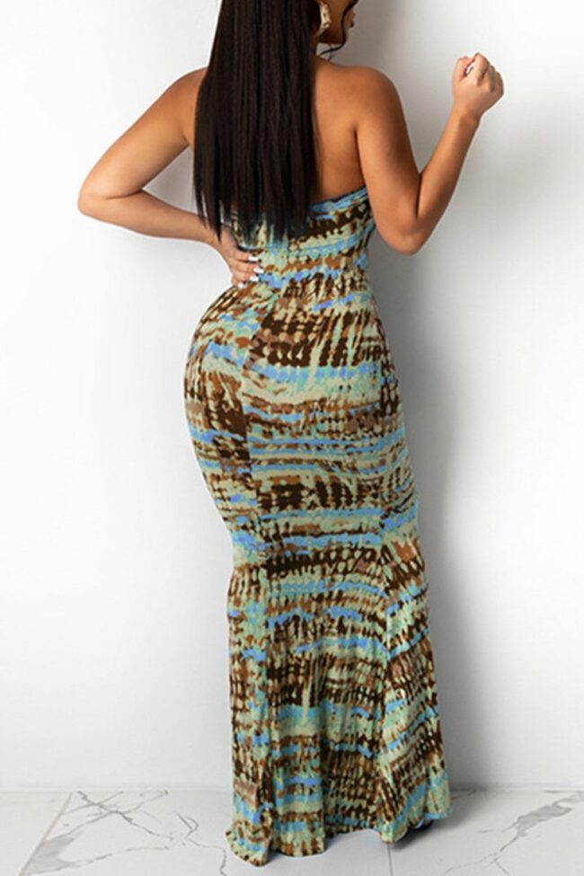 Fashion Sexy Print Hollowed Out Backless Strapless Sleeveless Dress