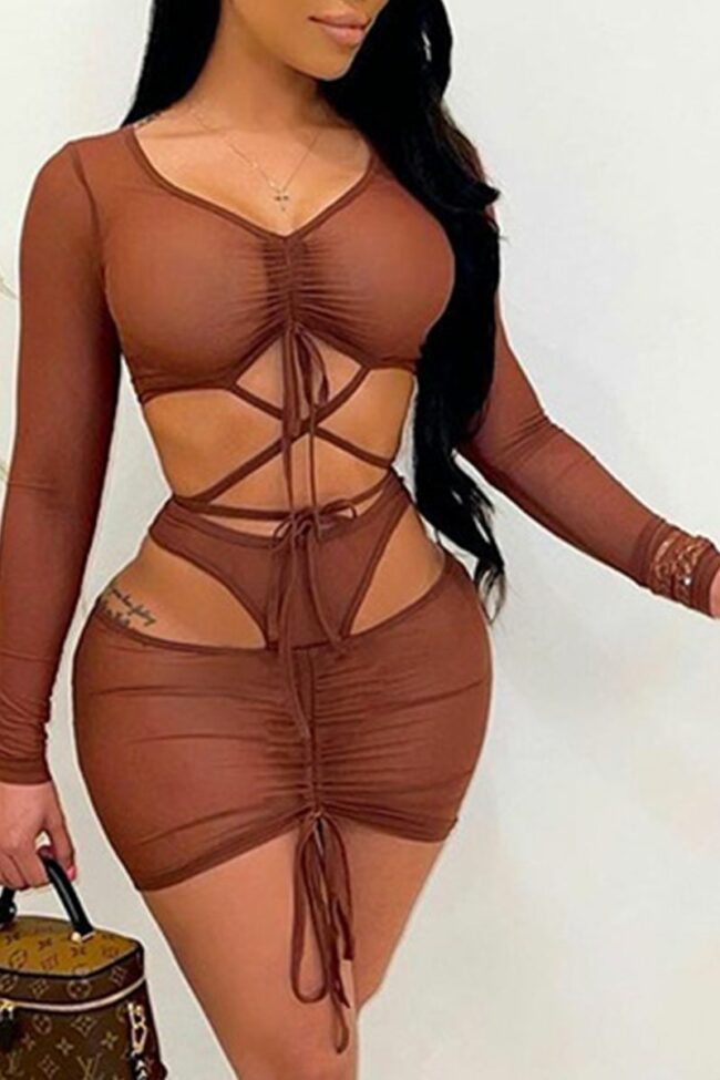 Sexy Solid Mesh V Neck Long Sleeve Two Pieces