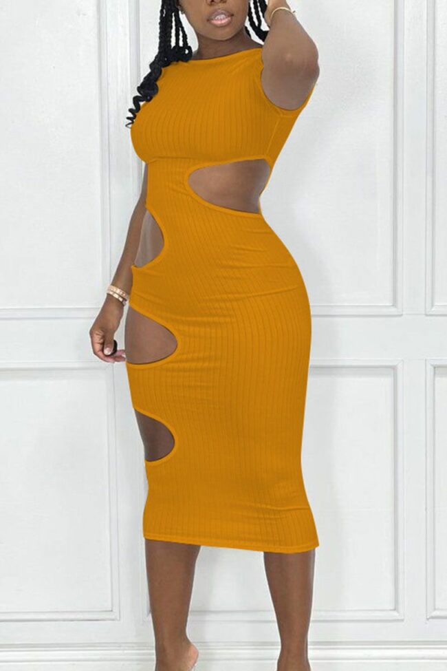 Sexy Solid Hollowed Out Split Joint O Neck Pencil Skirt Dresses