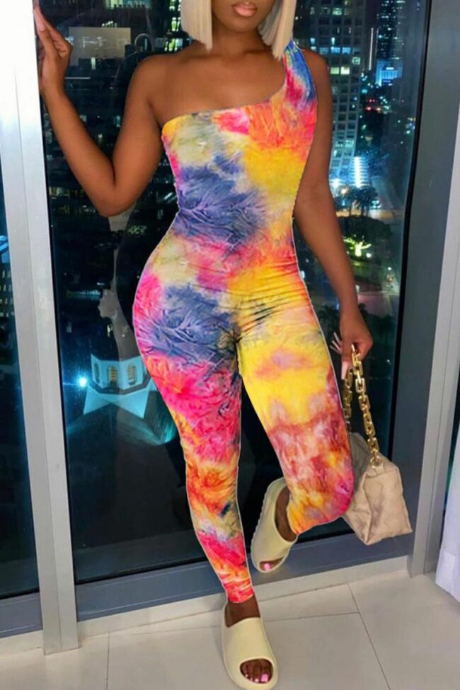 Sexy Casual Tie Dye Printing One Shoulder Skinny Jumpsuits