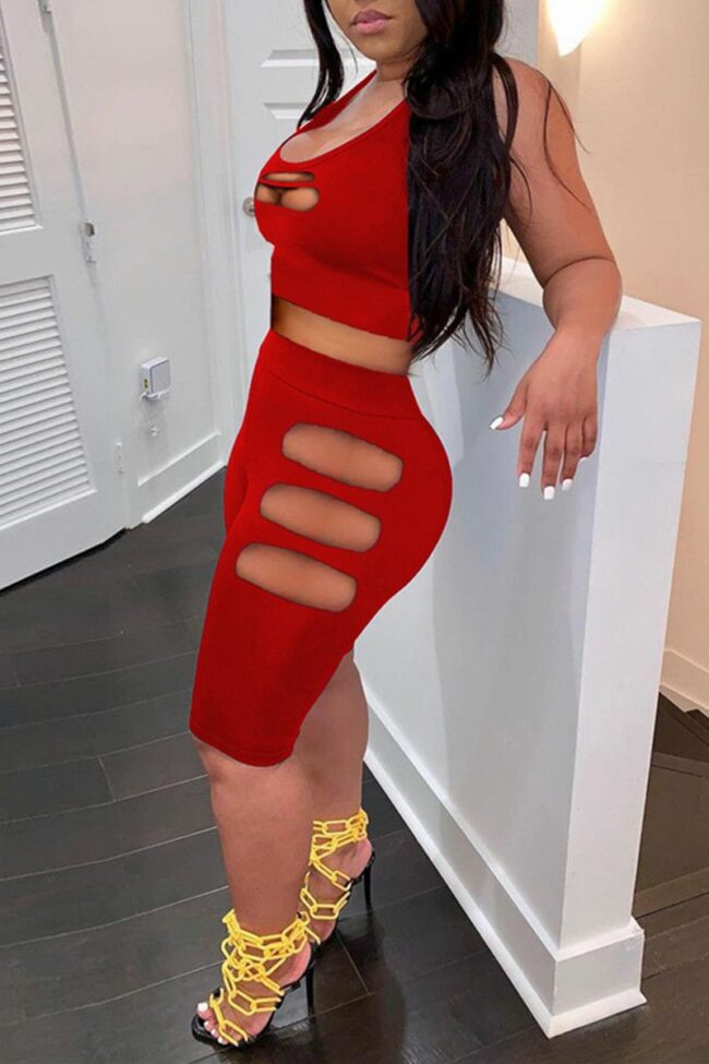 Sexy Casual Solid Hollowed Out U Neck Sleeveless Two Pieces