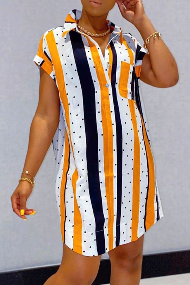 Fashion Casual Striped Print Basic Turndown Collar Shirt Dress