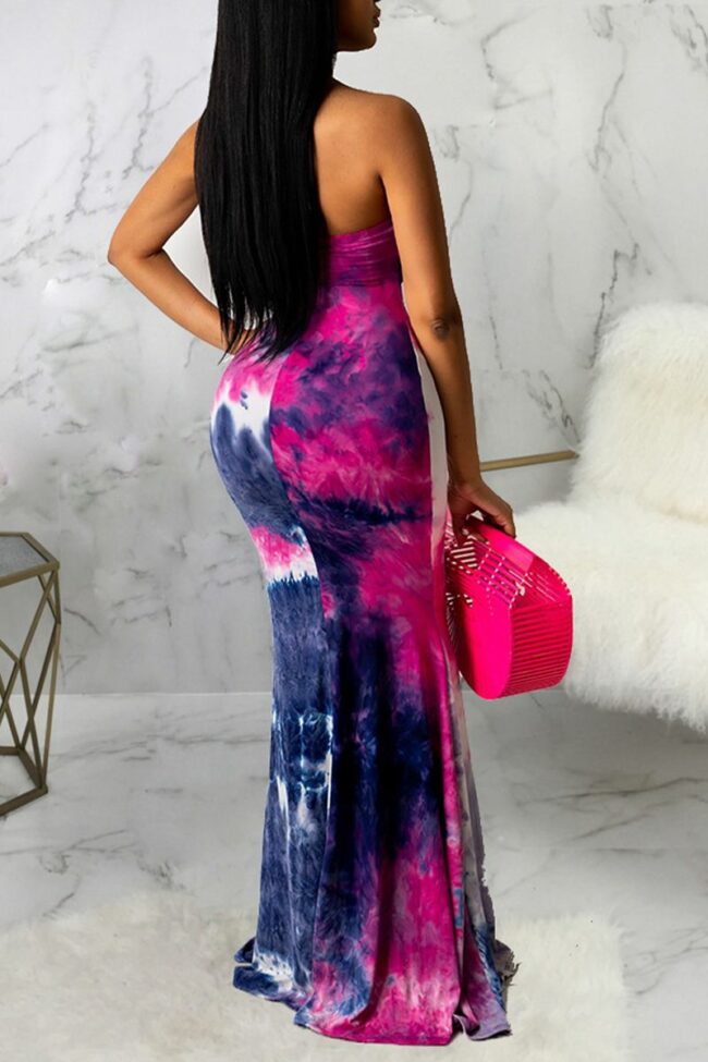 Sexy Patchwork Hollowed Out Tie-dye Halter Cake Skirt Dresses