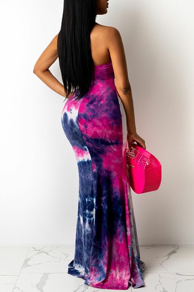 Sexy Patchwork Hollowed Out Tie-dye Halter Cake Skirt Dresses