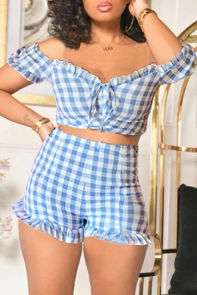 Fashion Casual Plaid Print Backless Off the Shoulder Short Sleeve Two Pieces