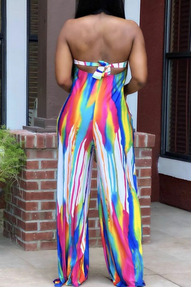 Casual Print Bandage Split Joint Strapless Straight Jumpsuits