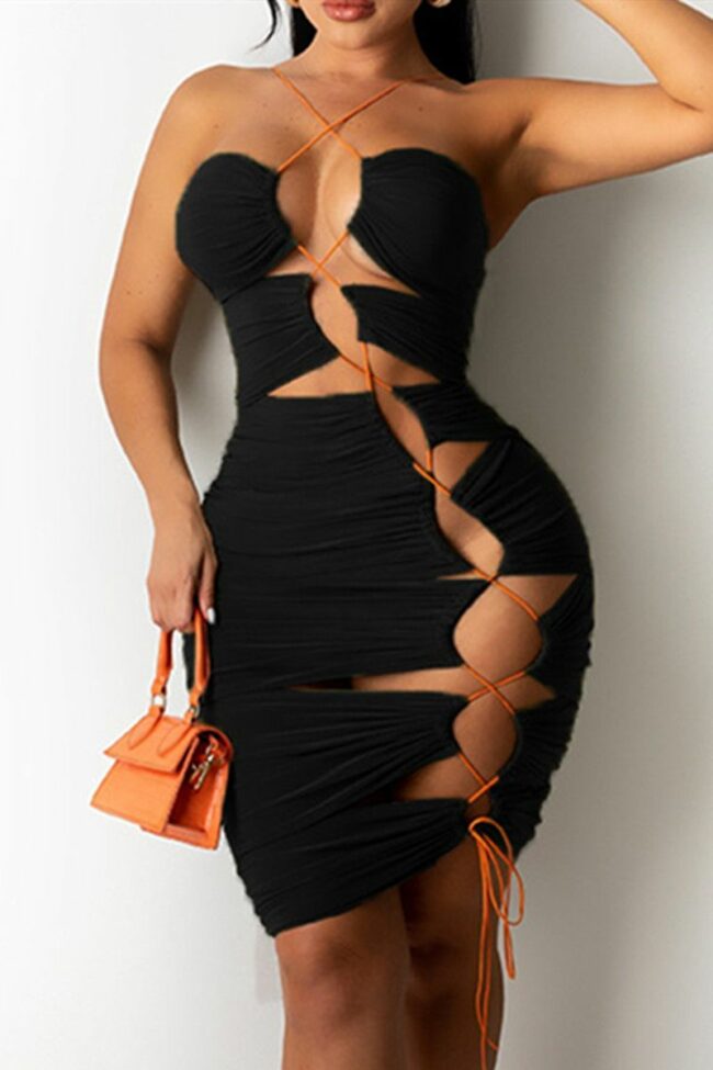 Sexy Solid Hollowed Out Backless Strap Design Strapless Sleeveless Dress