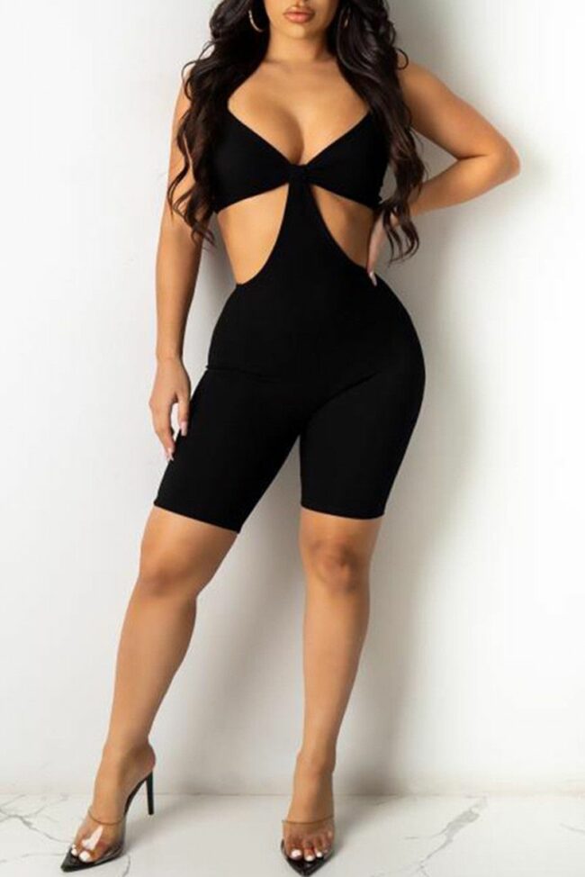 Fashion Sexy Solid Hollowed Out Backless V Neck Skinny Romper