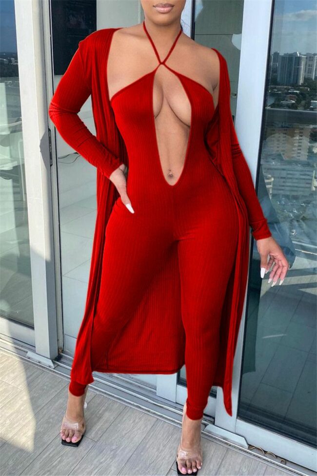 Fashion Sexy Solid Cardigan V Neck Long Sleeve Two Pieces