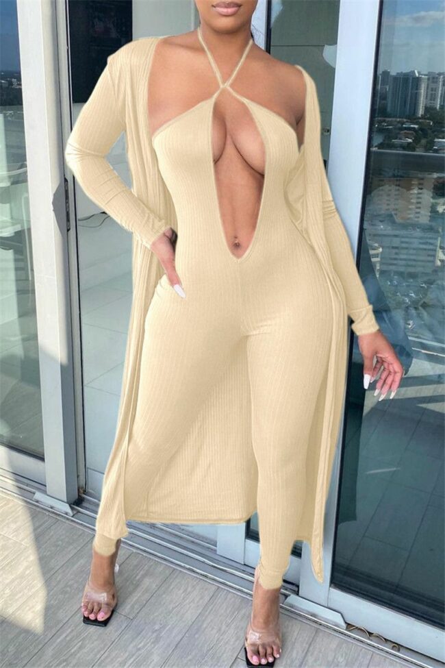 Fashion Sexy Solid Cardigan V Neck Long Sleeve Two Pieces