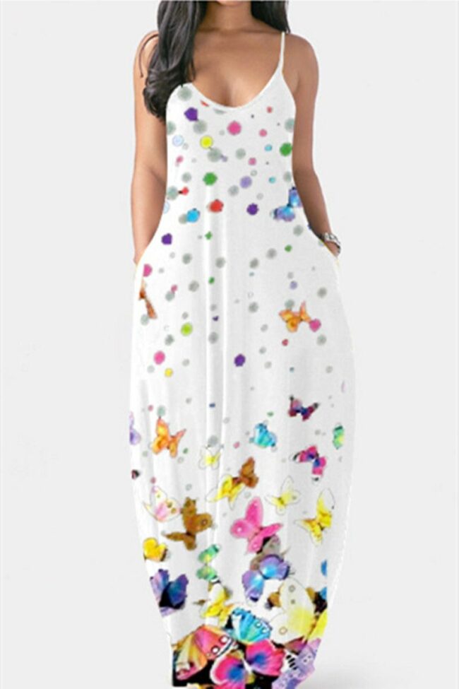 Sexy Casual Butterfly Print Backless Spaghetti Strap Sleeveless Dress