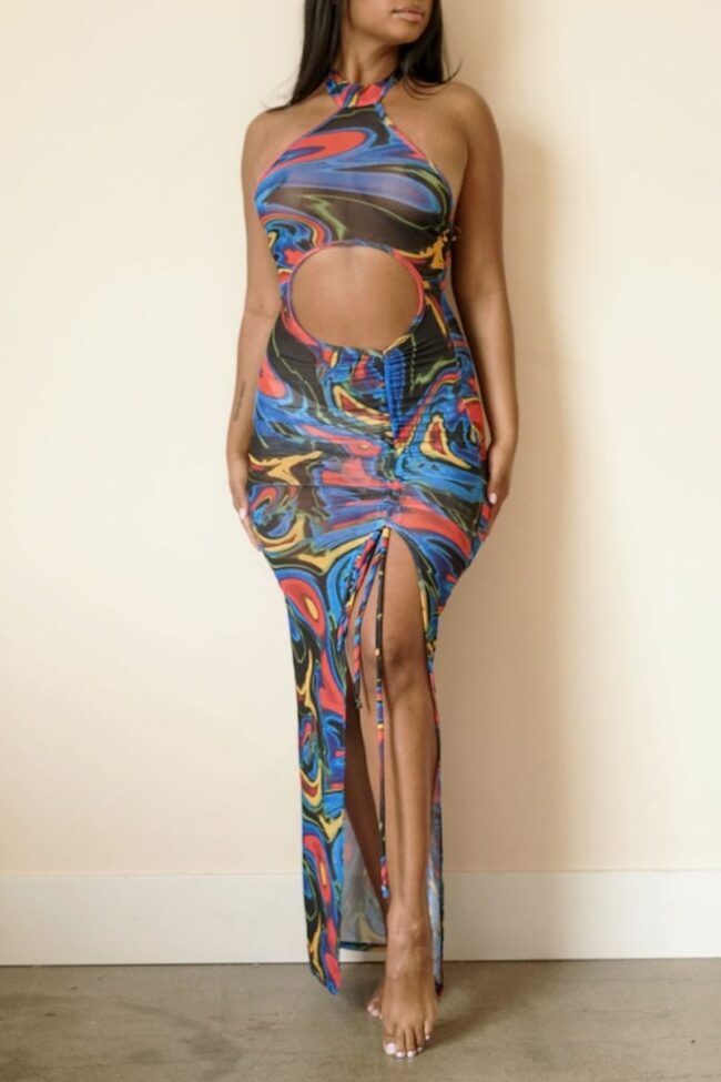 Sexy Print Hollowed Out Halter Pencil Skirt Dresses
