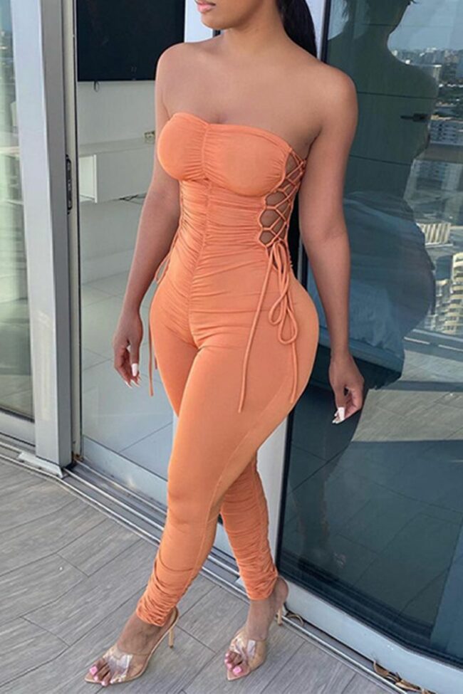 Sexy Solid Bandage Hollowed Out Strapless Regular Jumpsuits